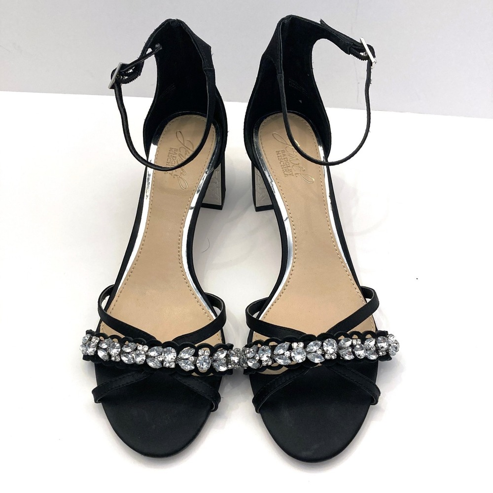 Jewel Badgley Mischka Black Satin Rhinestone Embellished Strappy Sandals Women 8